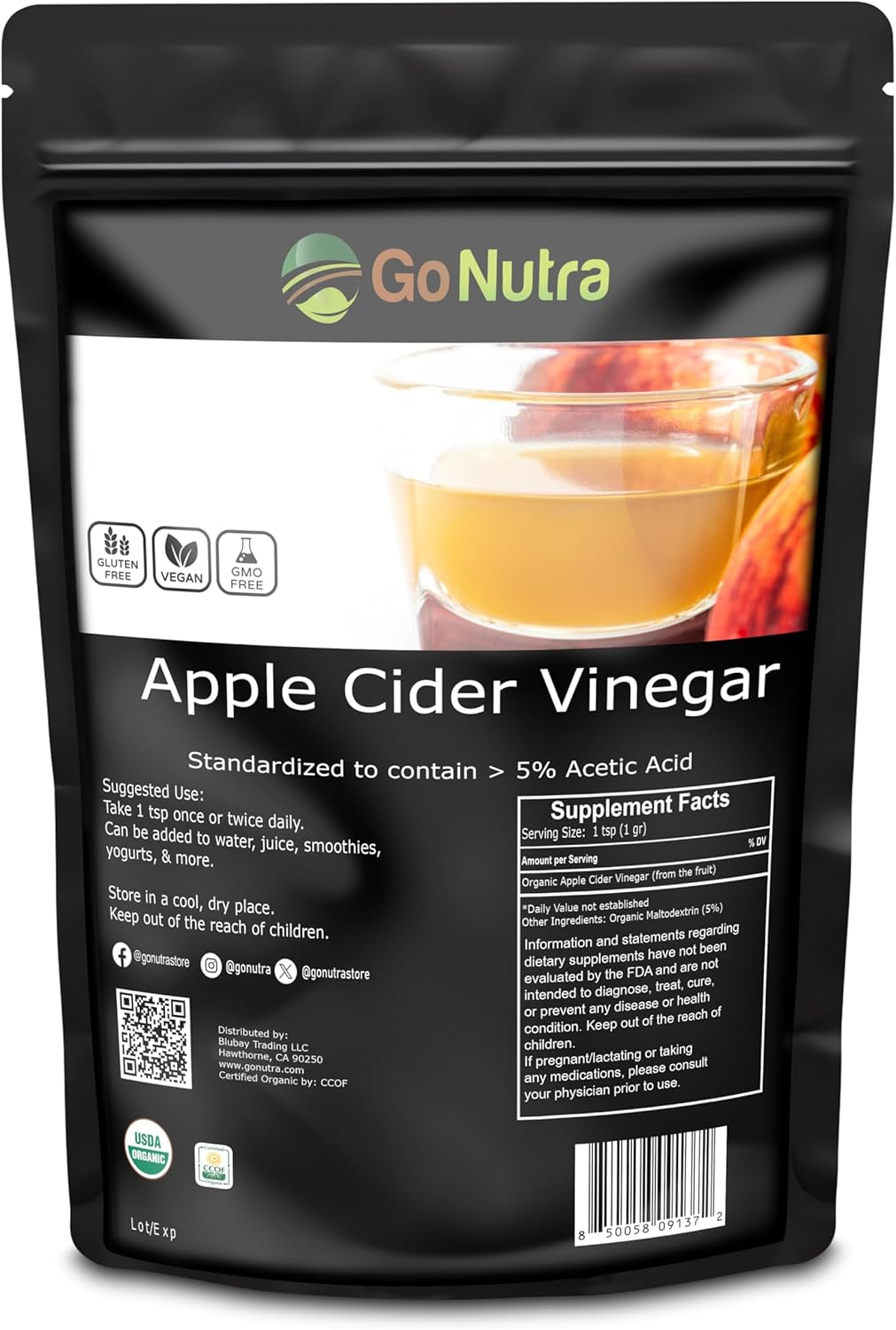 Go Nutra Organic Apple Cider Vinegar Powder – 5% Acetic Acid, 8 oz