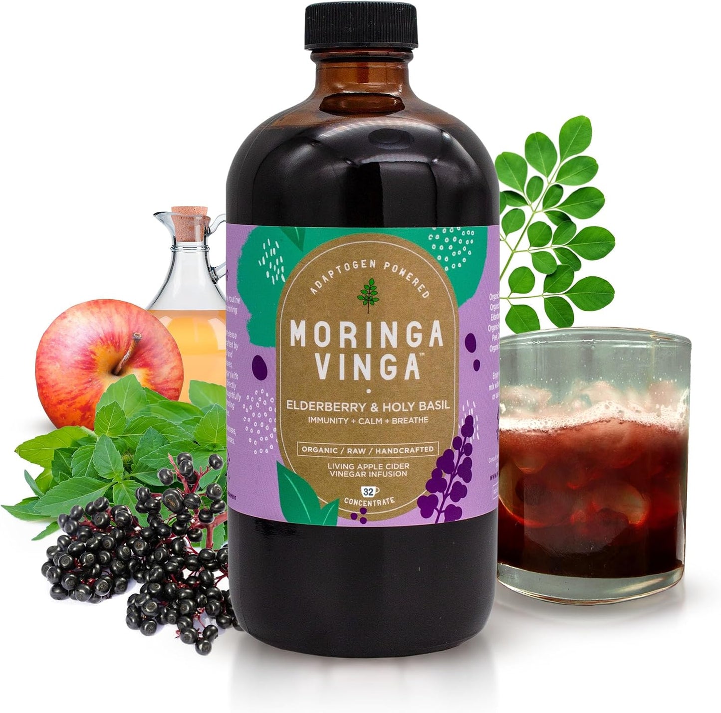 Adaptogen Powered Moringa Vinga Herbal Tonic with Apple Cider Vinegar – 32 oz