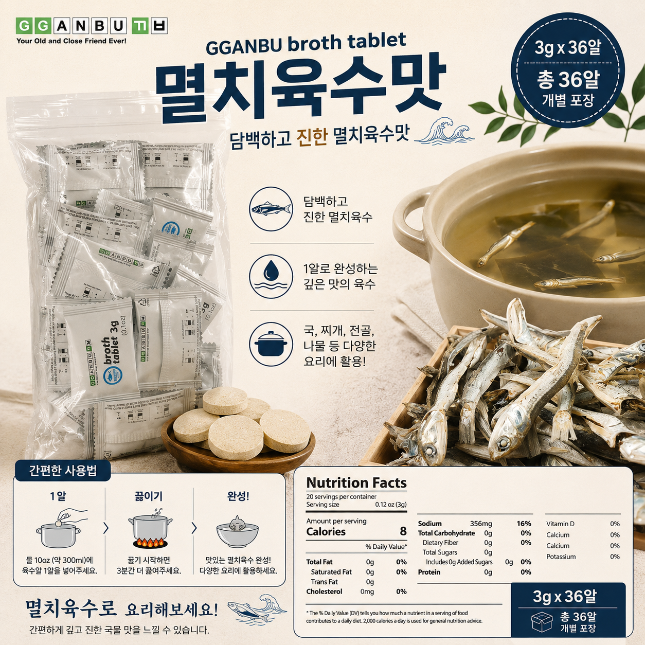 GGANBU Broth tablet Anchovy flavor (3g x 36tablet)