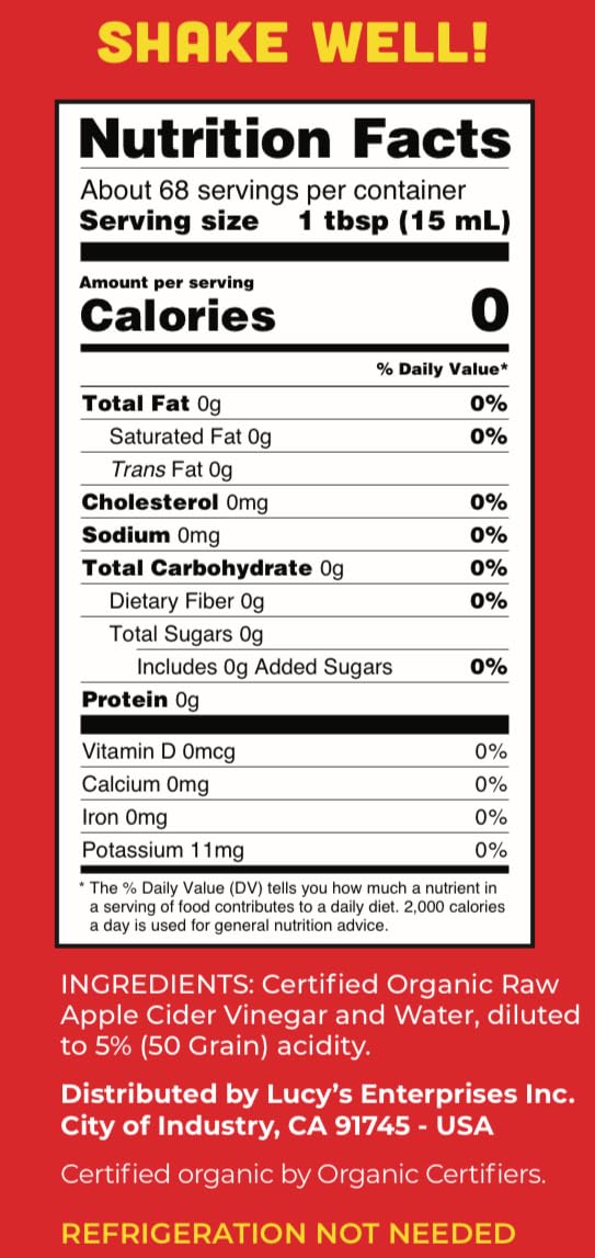 Lucy’s Organic Raw Apple Cider Vinegar with the Mother – Unfiltered, Non-GMO, 34 oz Glass Bottle