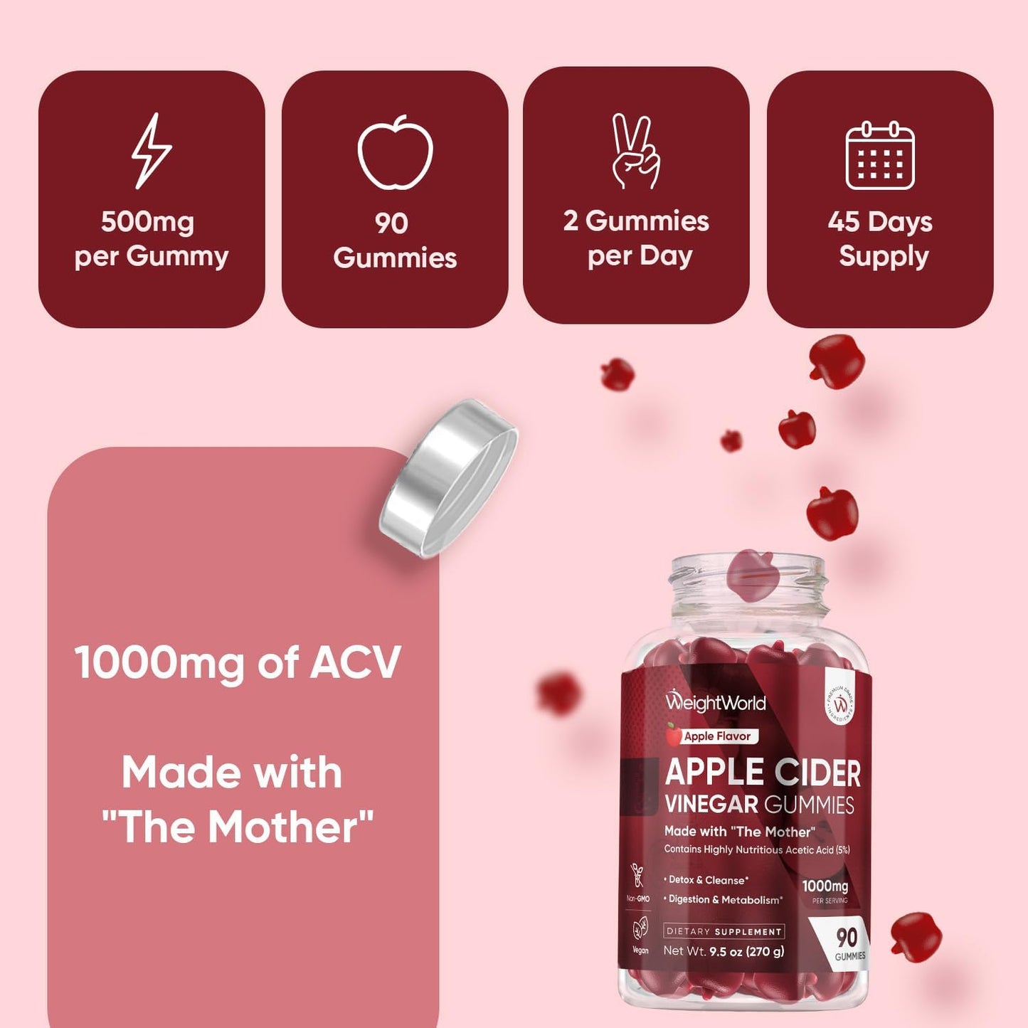 WeightWorld Apple Cider Vinegar Gummies with the Mother – 1000 mg, 90 Count