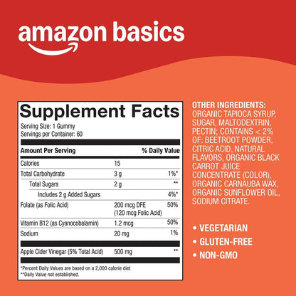 Amazon Basics Apple Cider Vinegar Gummies with Vitamin B12 – 500 mg, 60 Count