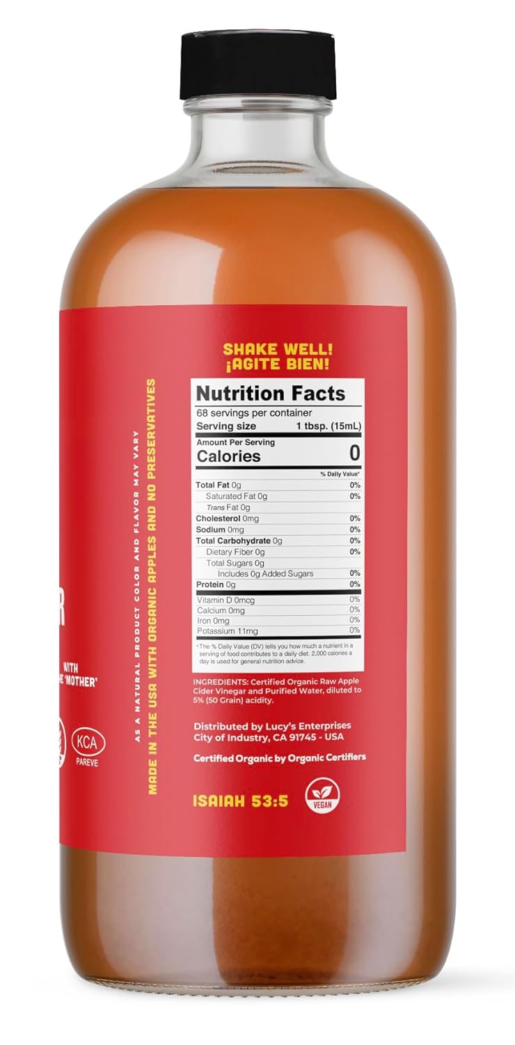 Lucy’s Organic Raw Apple Cider Vinegar with the Mother – Unfiltered, Non-GMO, 34 oz Glass Bottle