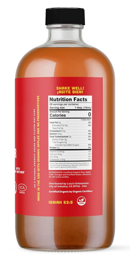 Lucy’s Organic Raw Apple Cider Vinegar with the Mother – Unfiltered, Non-GMO, 34 oz Glass Bottle