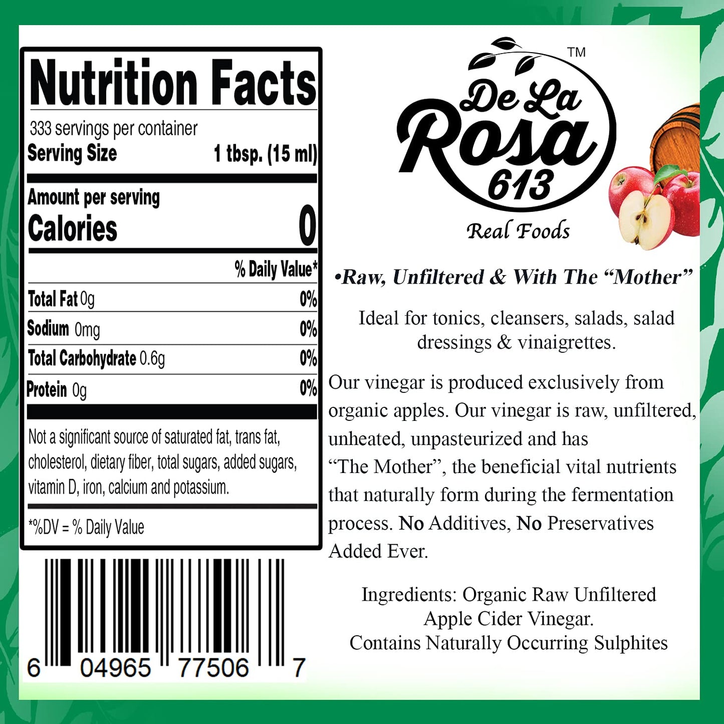 De La Rosa Organic Raw Apple Cider Vinegar with the Mother – 5 Liter