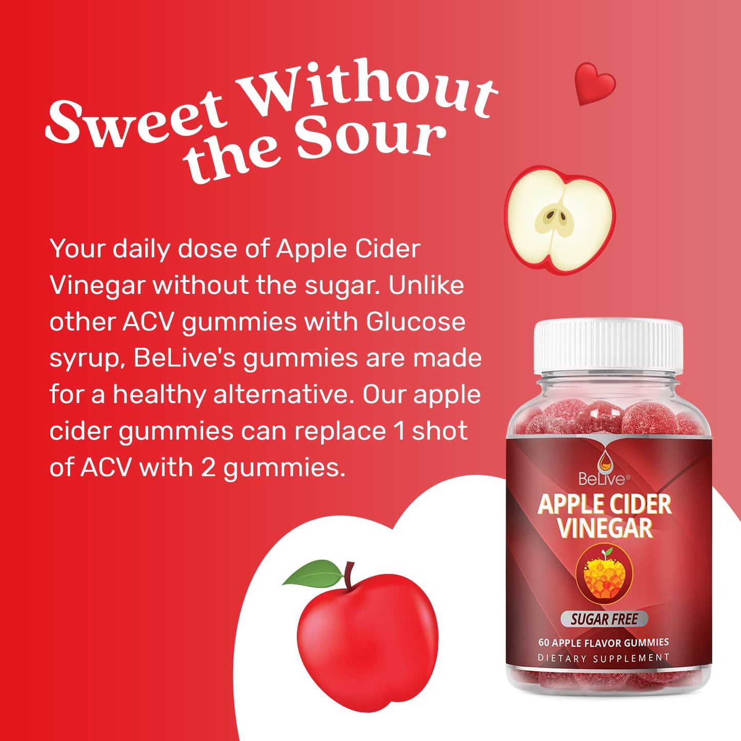 BeLive Sugar-Free Apple Cider Vinegar Gummies – 120 Count