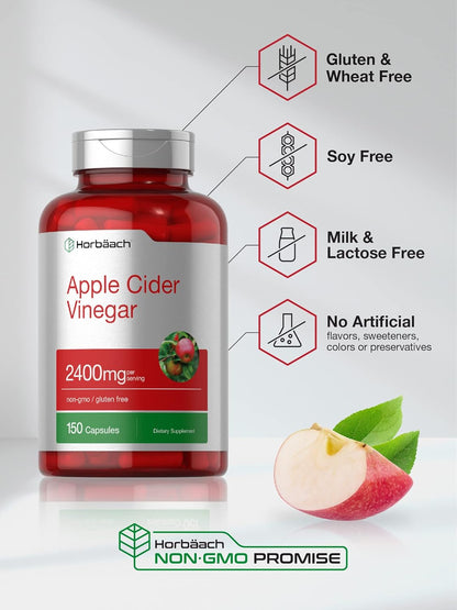 Horbäach Apple Cider Vinegar Capsules – 2,400 mg, 150 Count - MEALTONES