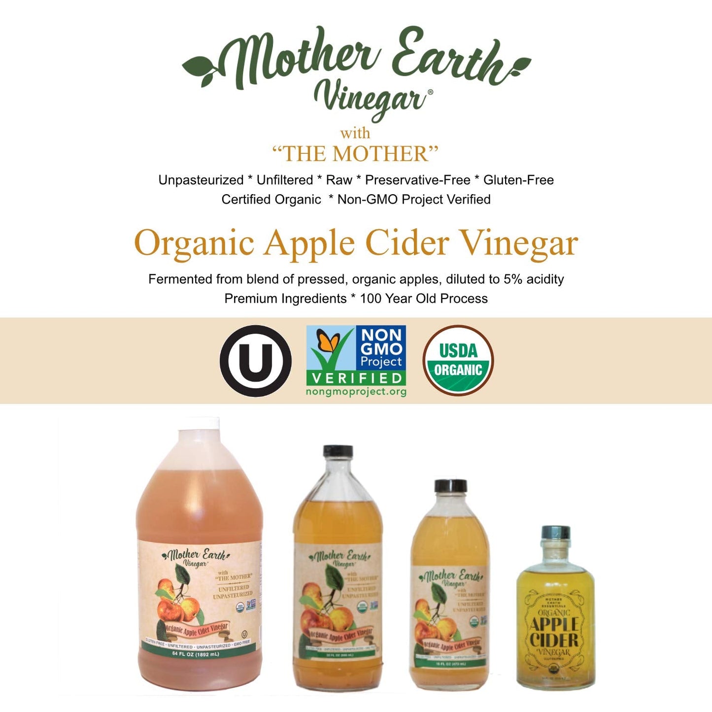 Mother Earth Organic Apple Cider Vinegar with the Mother – Raw & Unfiltered, 64 fl oz - MEALTONES