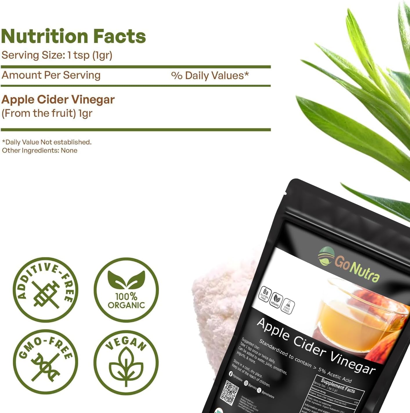 Go Nutra Organic Apple Cider Vinegar Powder – 5% Acetic Acid, 8 oz