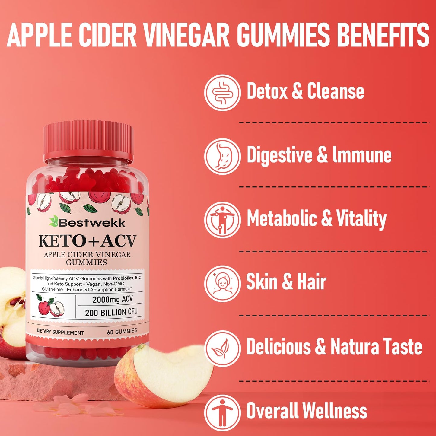 Bestwekk Maximum-Strength Apple Cider Vinegar Gummies with Probiotics & B12 – 2,000 mg, 120 Count - MEALTONES