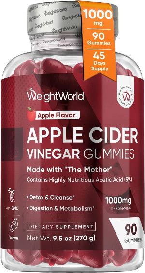 Bottle of WeightWorld Apple Cider Vinegar Gummies with red label and white cap.