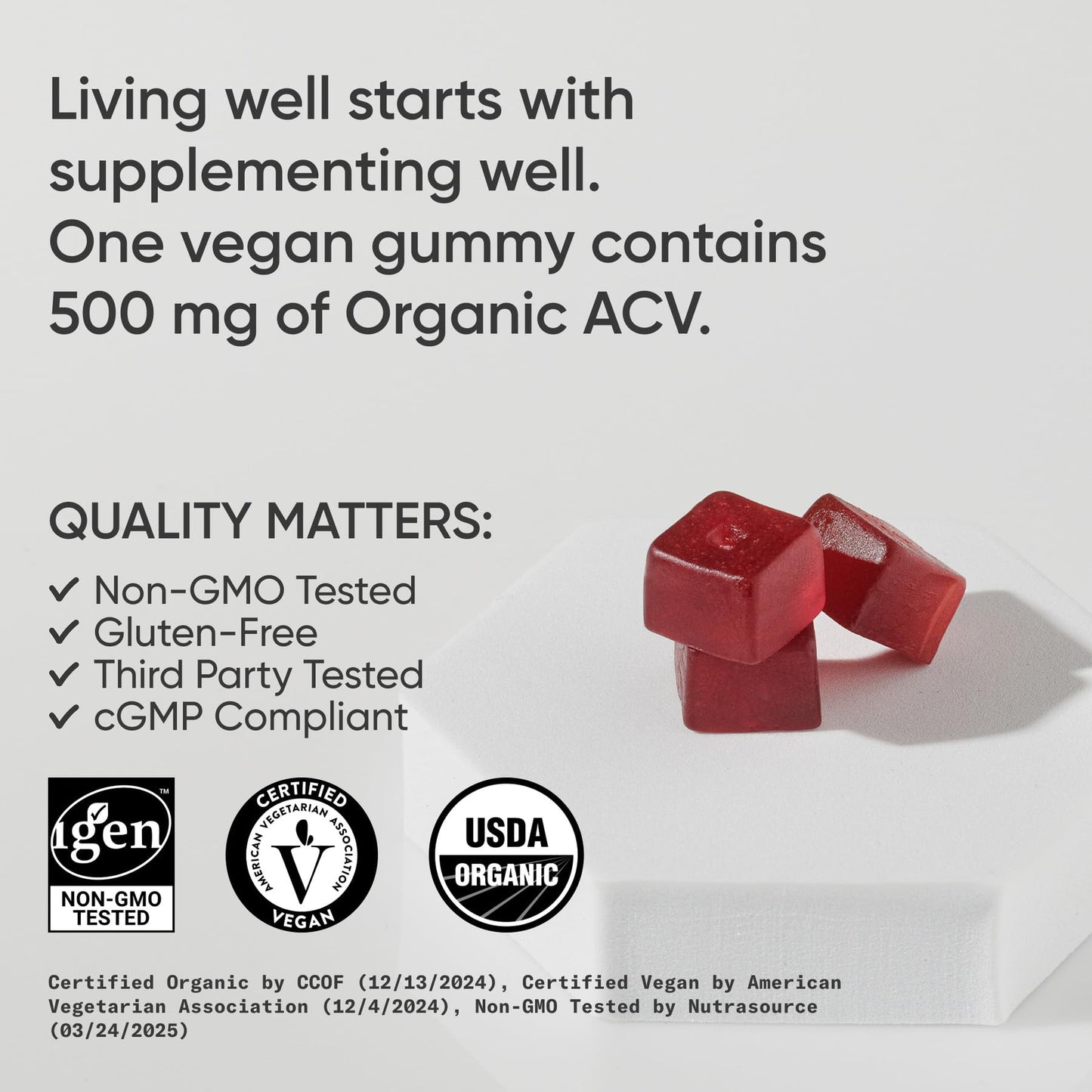 Sports Research Organic Apple Cider Vinegar Gummies – 500 mg, Sugar-Free, 60 Count