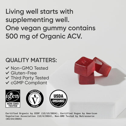 Sports Research Organic Apple Cider Vinegar Gummies – 500 mg, Sugar-Free, 60 Count