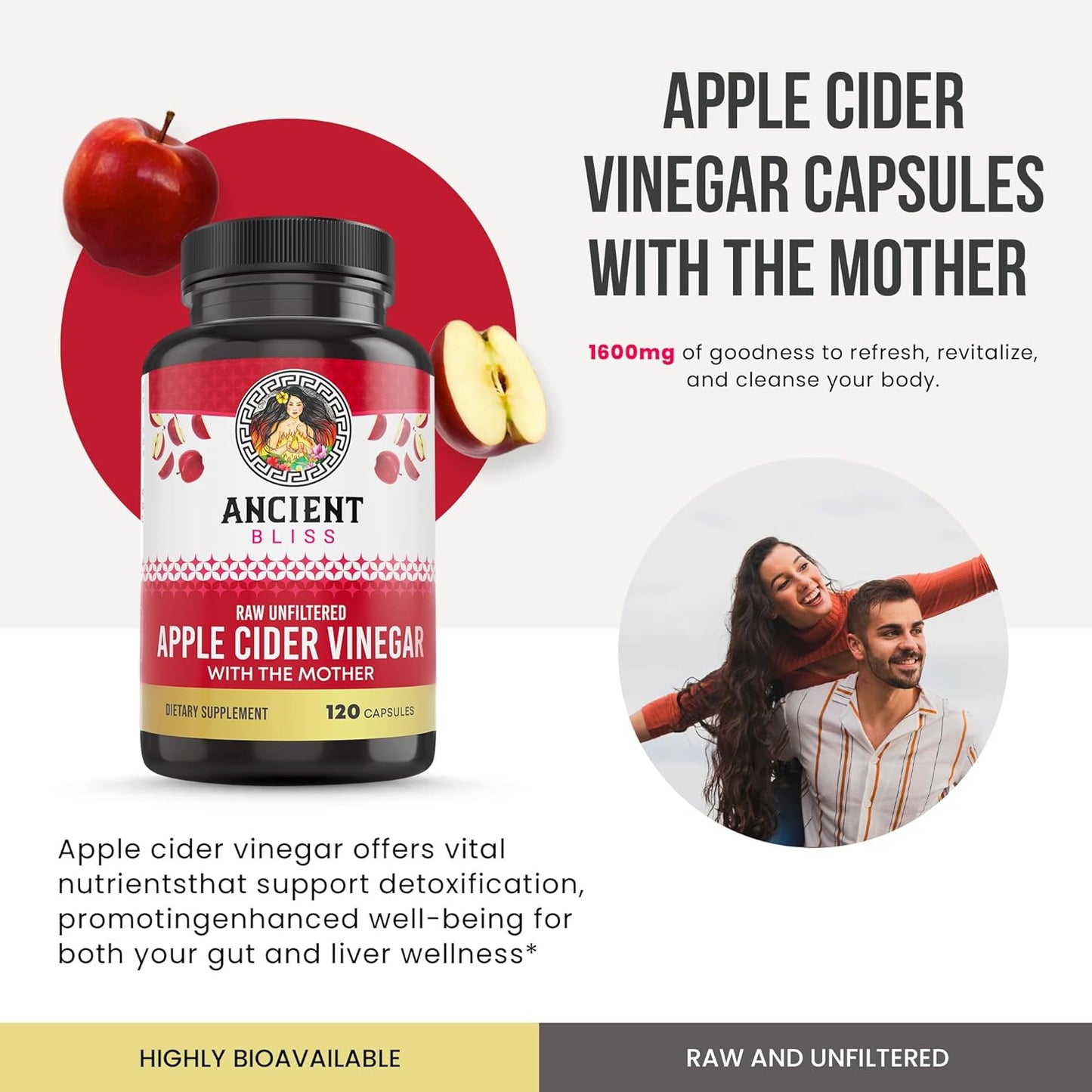 Ancient Bliss Apple Cider Vinegar Capsules with the Mother – 1600 mg