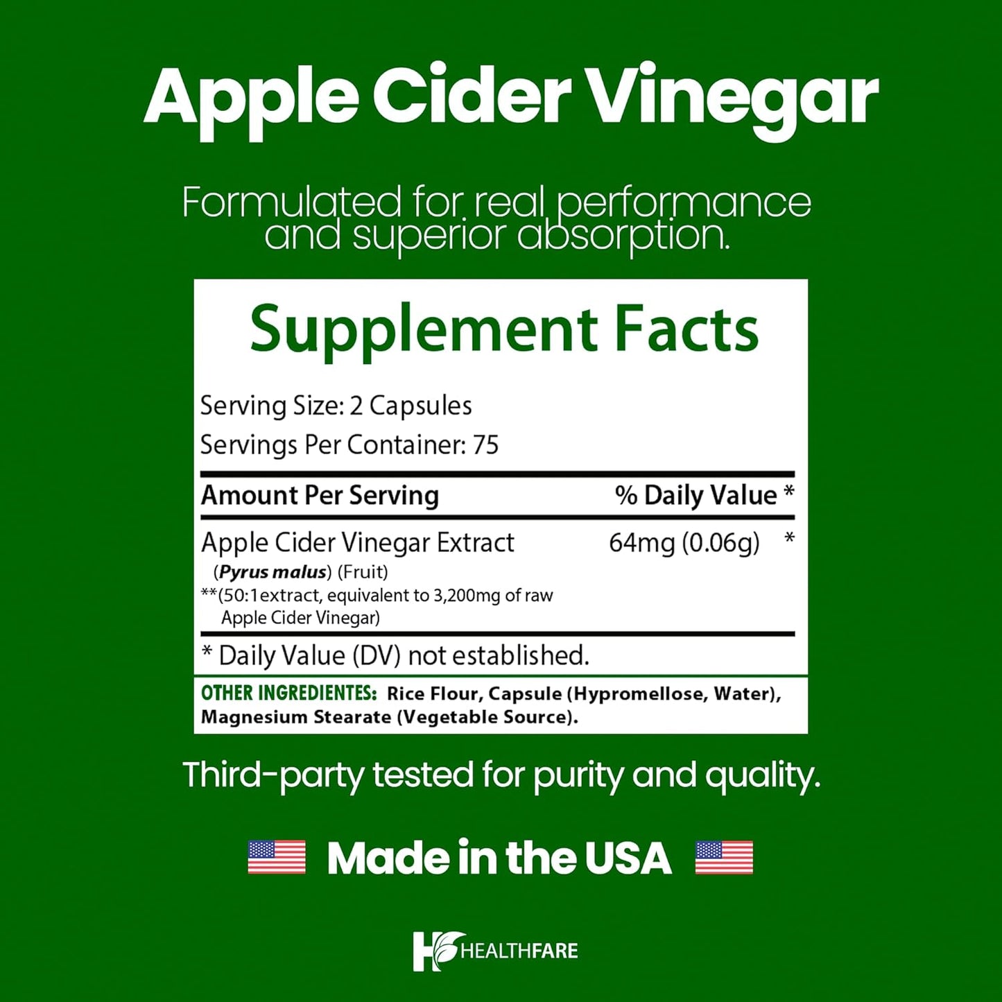 HealthFare Maximum Strength Apple Cider Vinegar Capsules – 3200 mg