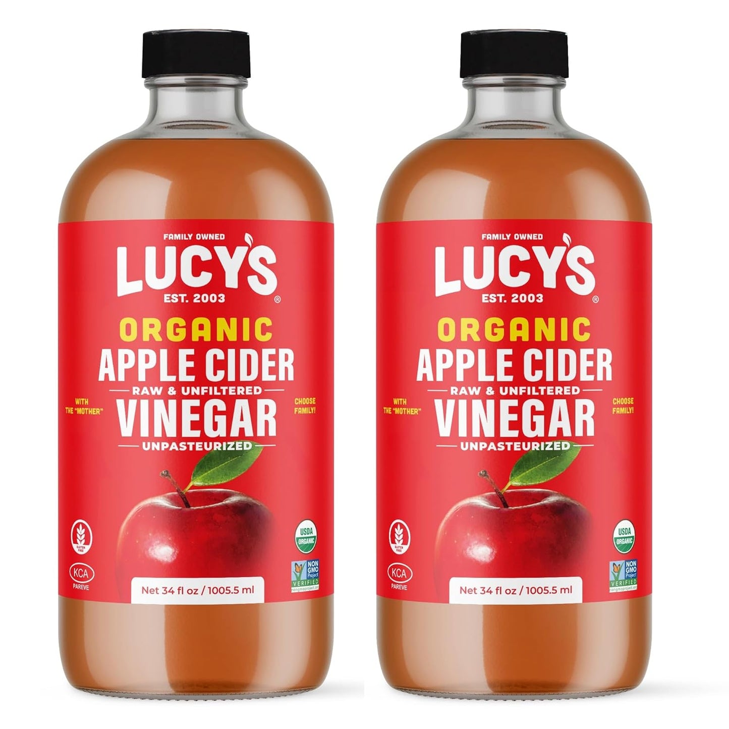 Lucy’s Organic Raw Apple Cider Vinegar with the Mother – Unfiltered, Non-GMO, 34 oz Glass Bottle