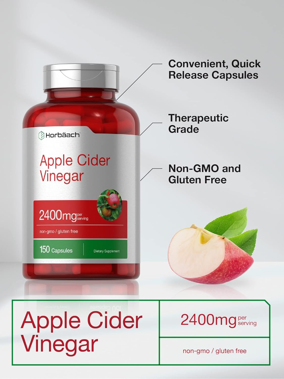 Horbäach Apple Cider Vinegar Capsules – 2,400 mg, 150 Count - MEALTONES