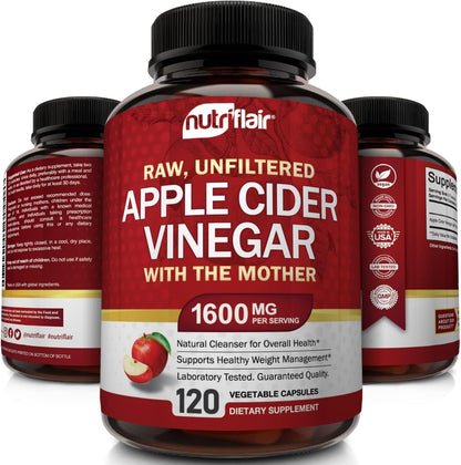 NutriFlair Apple Cider Vinegar Capsules with the Mother – 1,600 mg, 120 Vegan Capsules