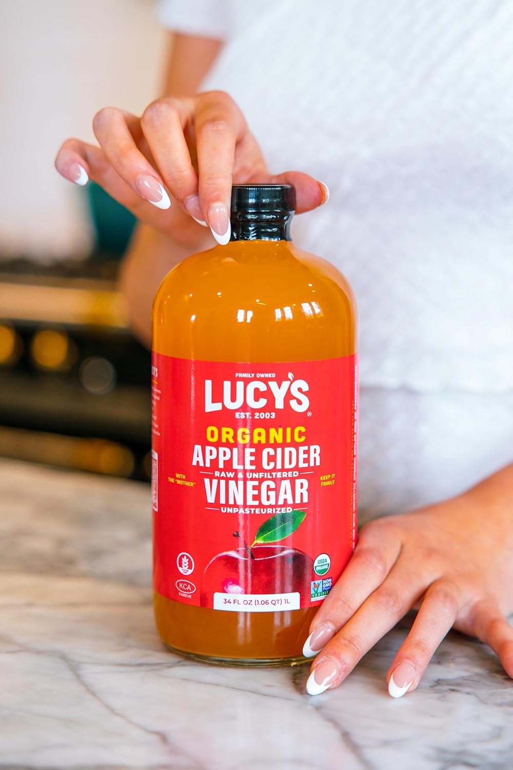 Lucy’s Organic Raw Apple Cider Vinegar with the Mother – Unfiltered, Non-GMO, 34 oz Glass Bottle