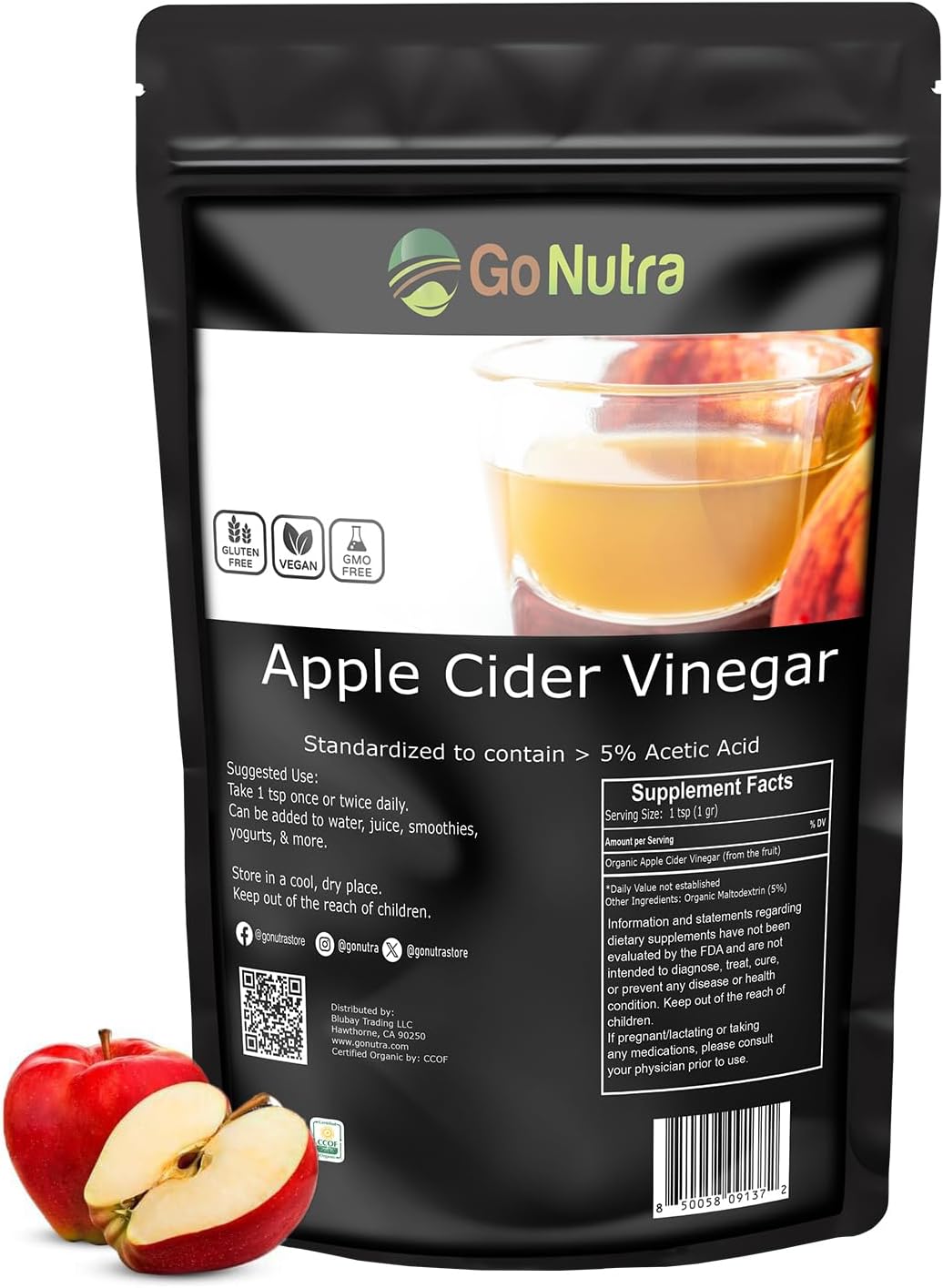 Go Nutra Organic Apple Cider Vinegar Powder – 5% Acetic Acid, 8 oz