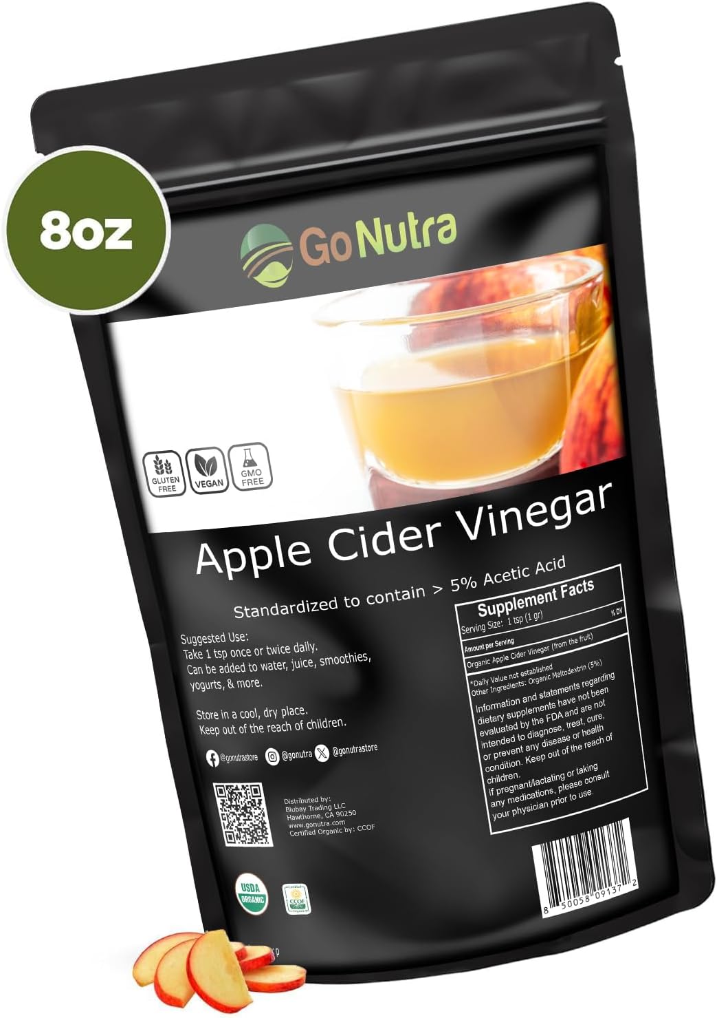 Go Nutra Organic Apple Cider Vinegar Powder – 5% Acetic Acid, 8 oz