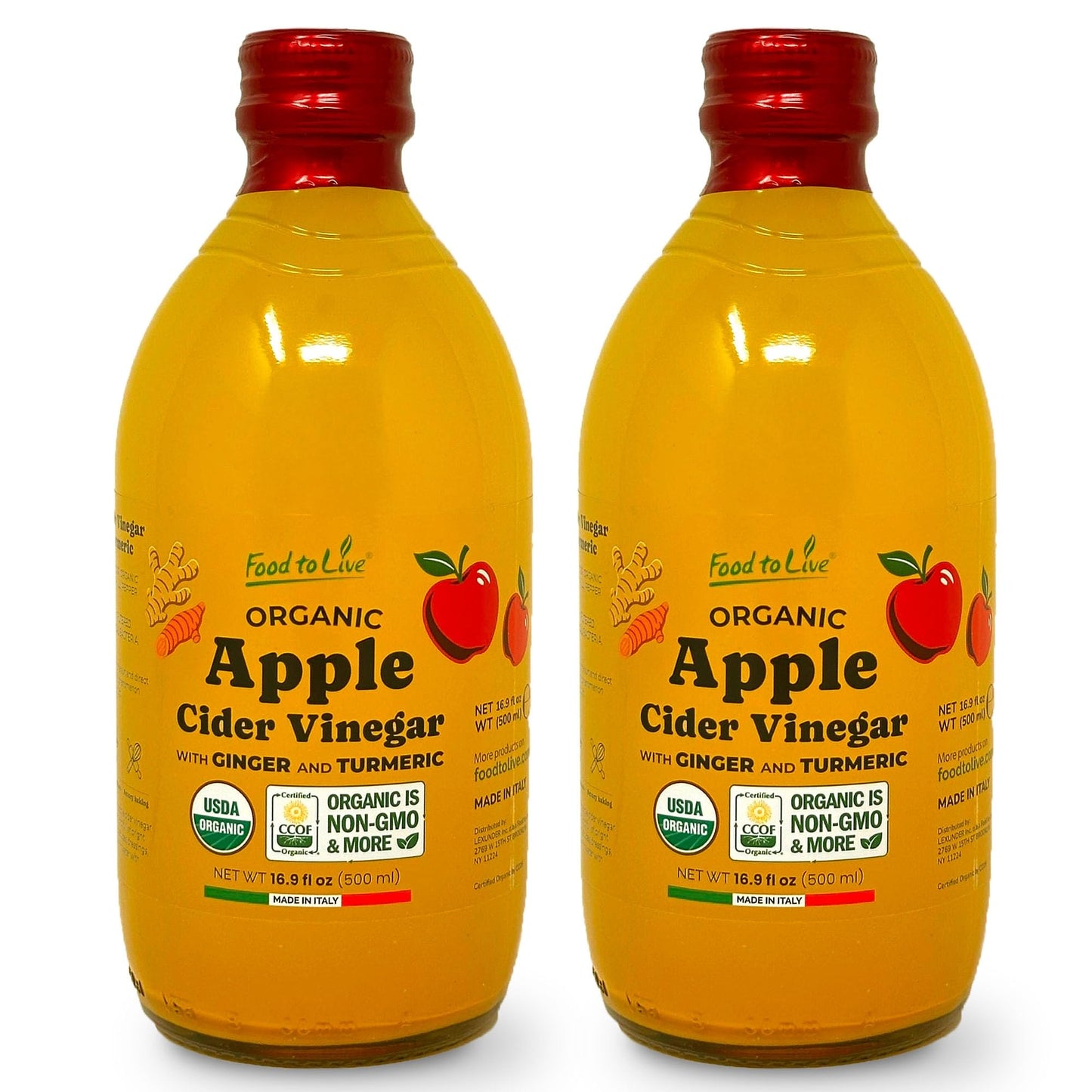 Food To Live Organic Italian Apple Cider Vinegar with Ginger & Turmeric – 500 ml