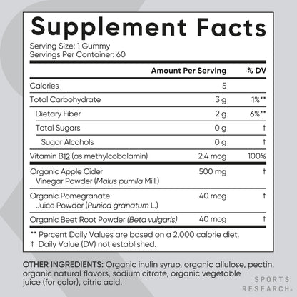 Sports Research Organic Apple Cider Vinegar Gummies – 500 mg, Sugar-Free, 60 Count