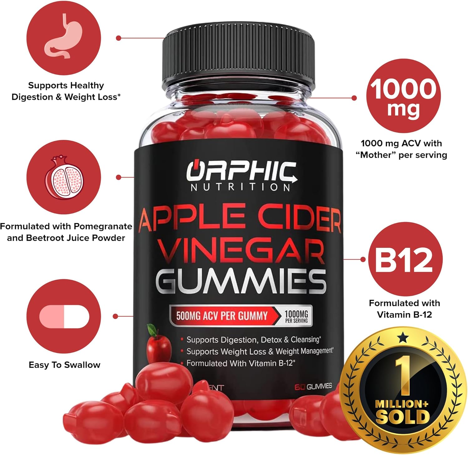 Orphic Nutrition Apple Cider Vinegar Gummies with the Mother – 1,000 mg, 120 Count - MEALTONES