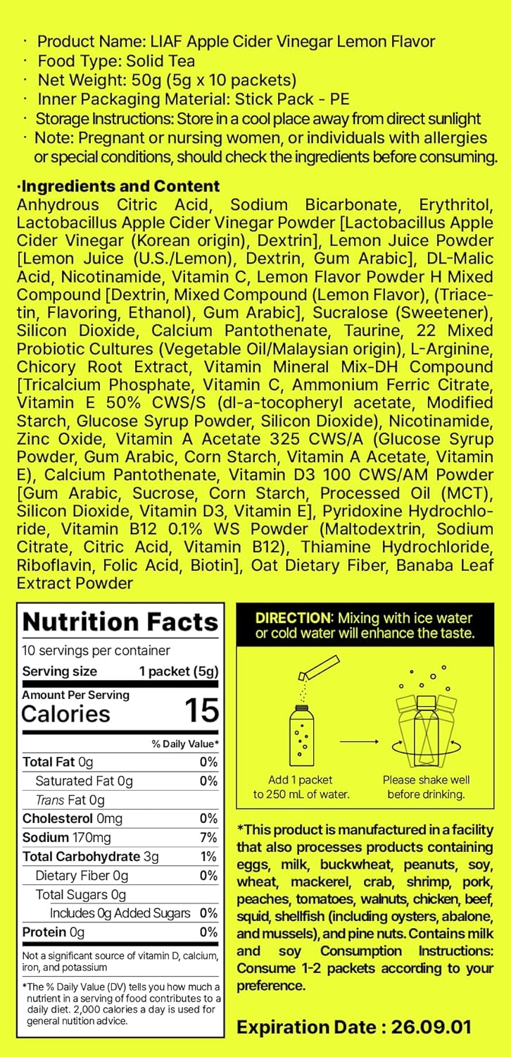 LIAF Apple Cider Vinegar Powder Drink Mix with the Mother – 10 Packets