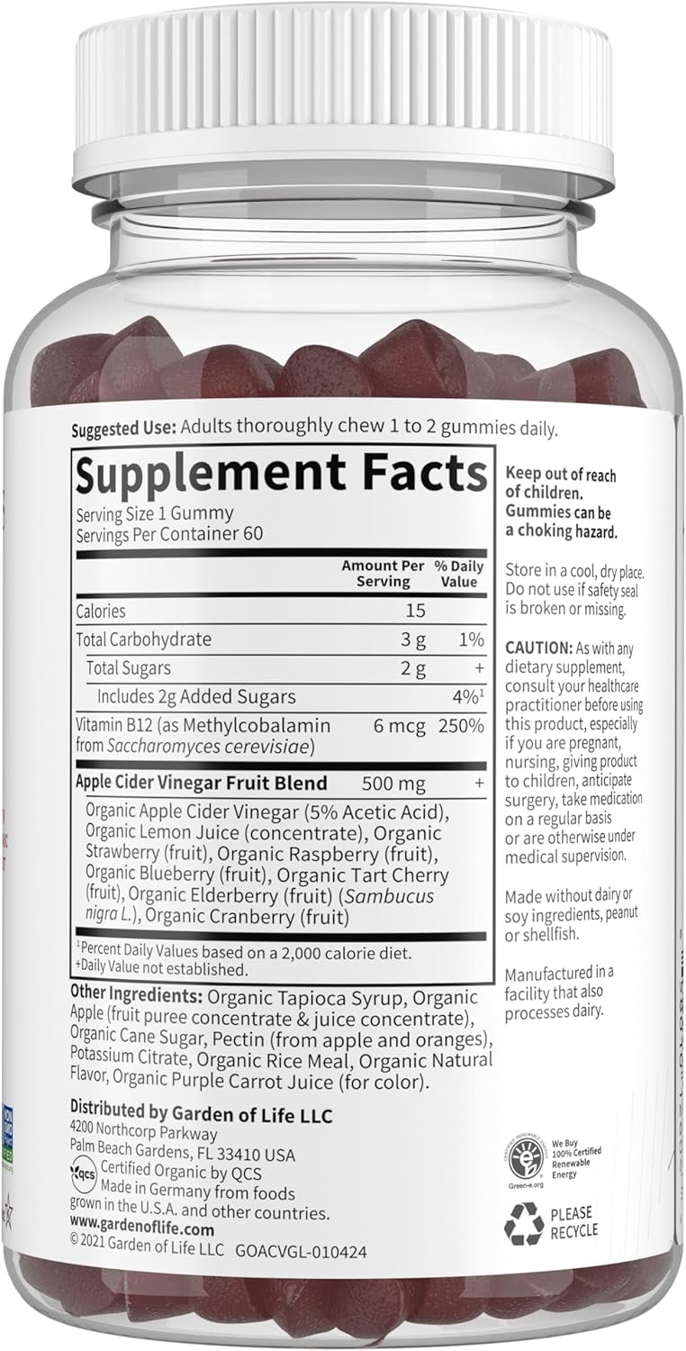 Garden of Life Organics Apple Cider Vinegar Gummies with Vitamin B12 – 500 mg, 60 Count
