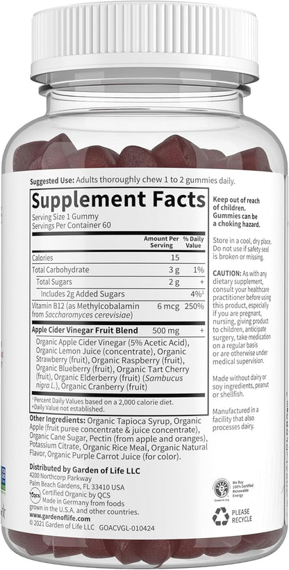 Garden of Life Organics Apple Cider Vinegar Gummies with Vitamin B12 – 500 mg, 60 Count