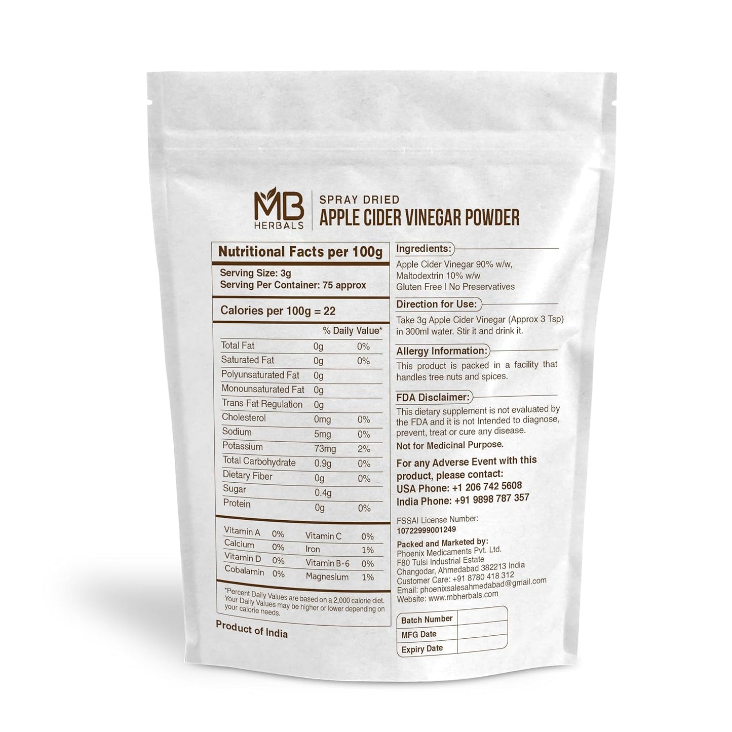 MB Herbals Apple Cider Vinegar Powder – 8 oz, 75 Servings