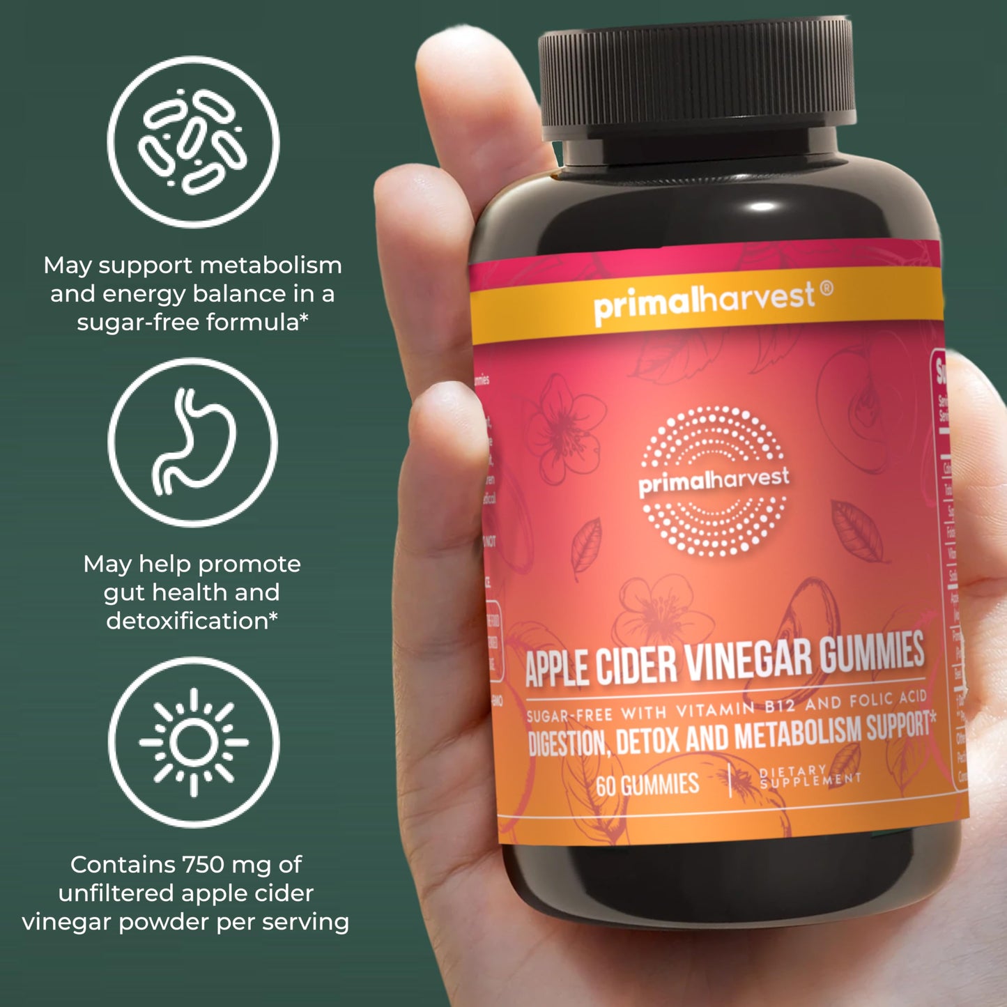 Primal Harvest Sugar-Free Apple Cider Vinegar Gummies – 750 mg, 60 Count