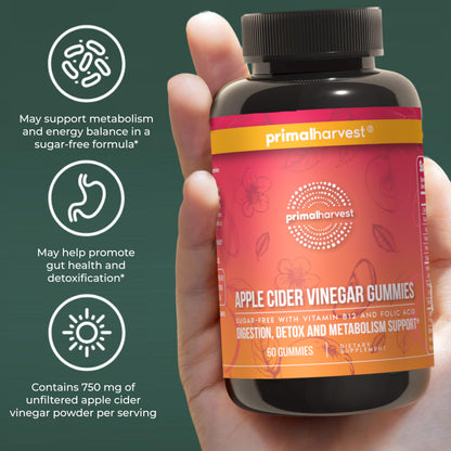 Primal Harvest Sugar-Free Apple Cider Vinegar Gummies – 750 mg, 60 Count