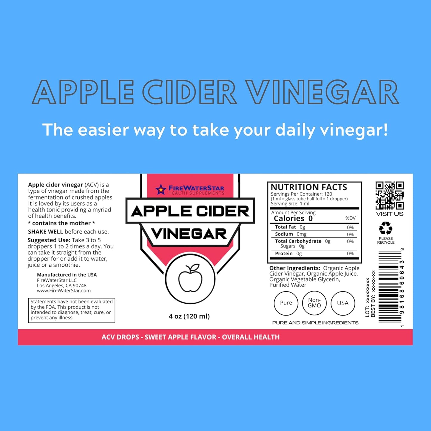 FWS Apple-Flavored Apple Cider Vinegar Drops with the Mother – 4 fl oz