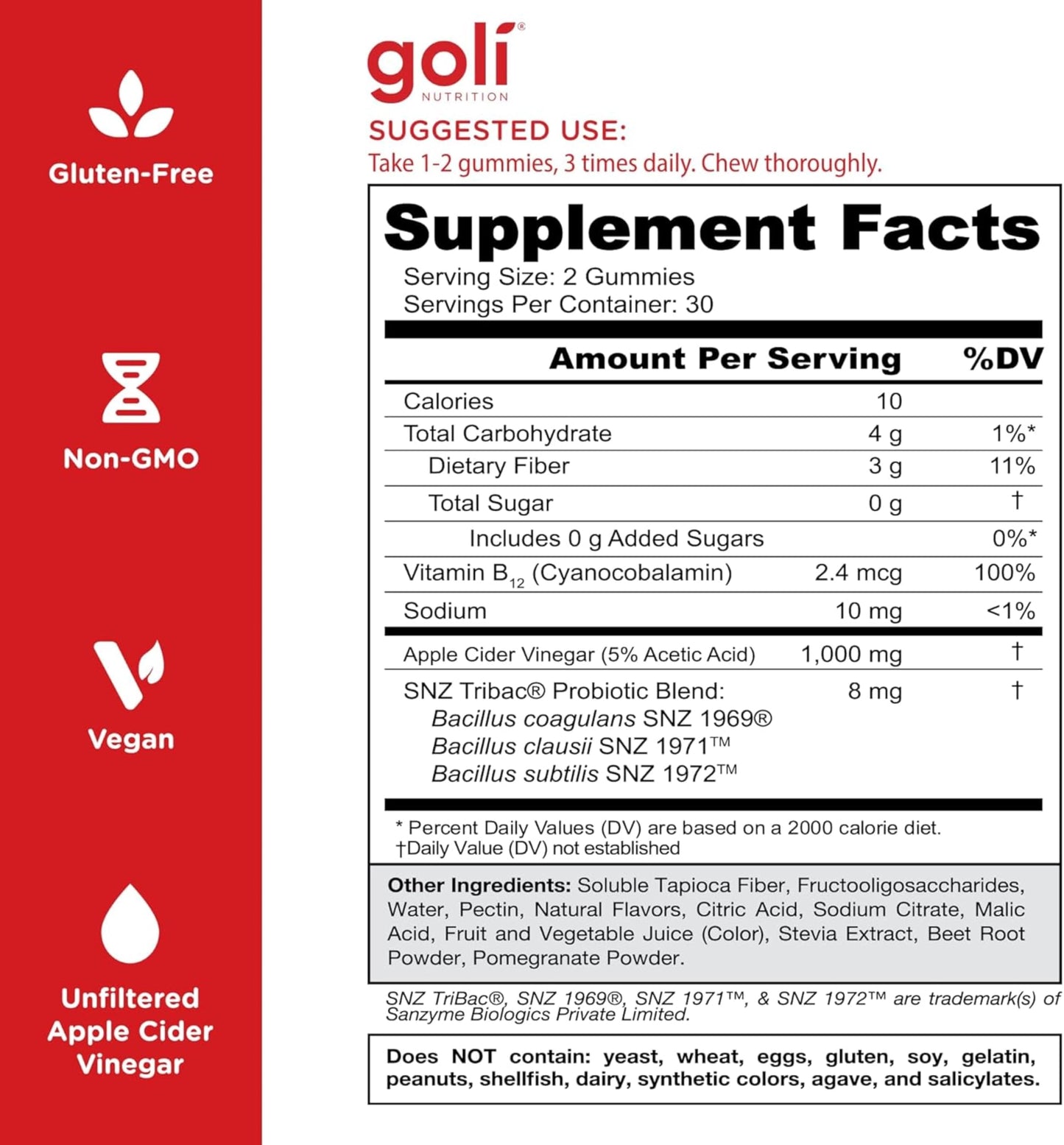 Goli Zero Sugar Apple Cider Vinegar Gummies with Probiotics & Vitamin B12