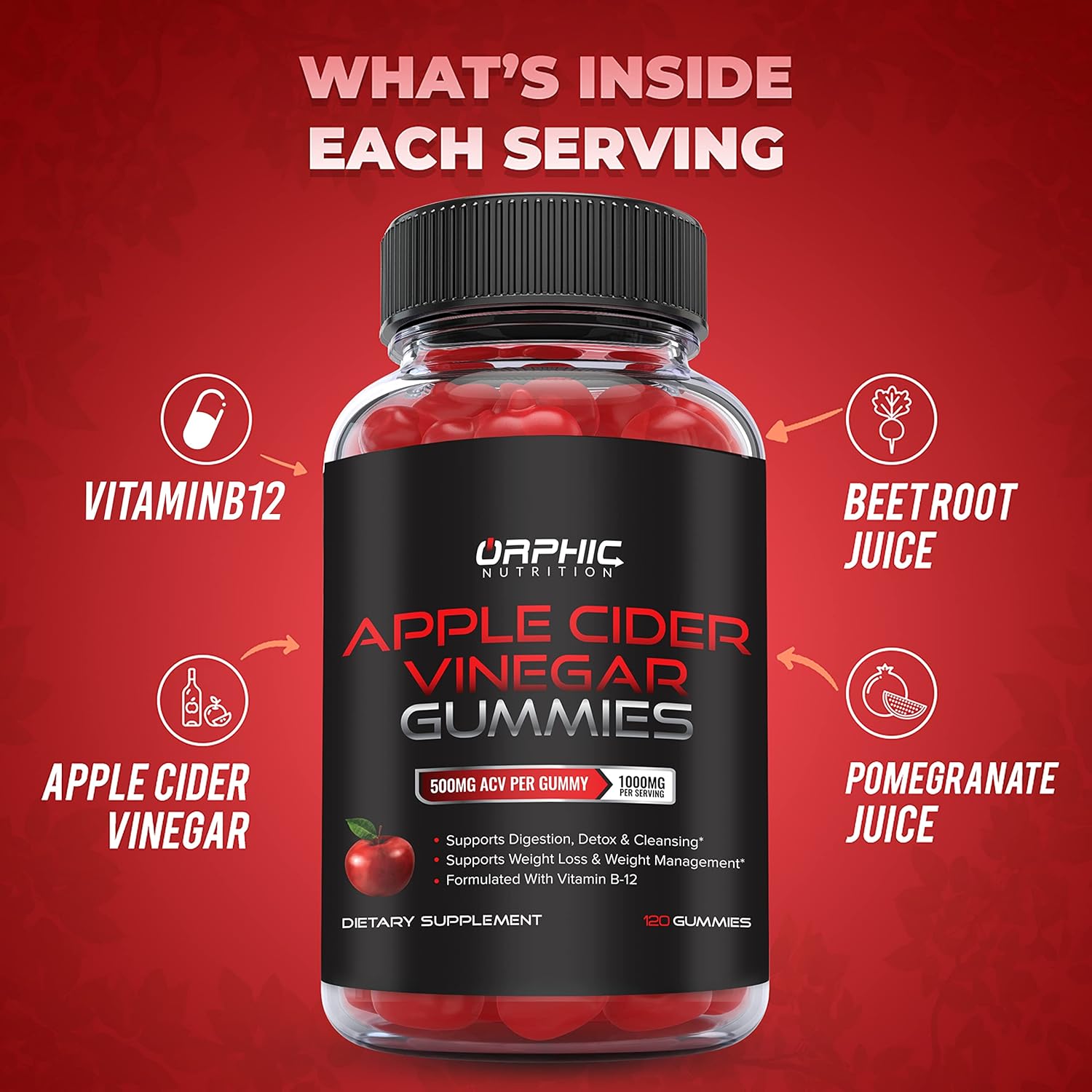 Orphic Nutrition Apple Cider Vinegar Gummies with the Mother – 1,000 mg, 120 Count - MEALTONES