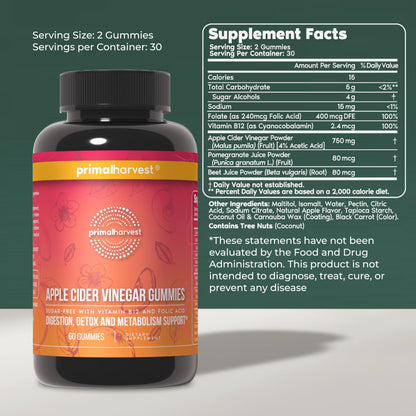 Primal Harvest Sugar-Free Apple Cider Vinegar Gummies – 750 mg, 60 Count