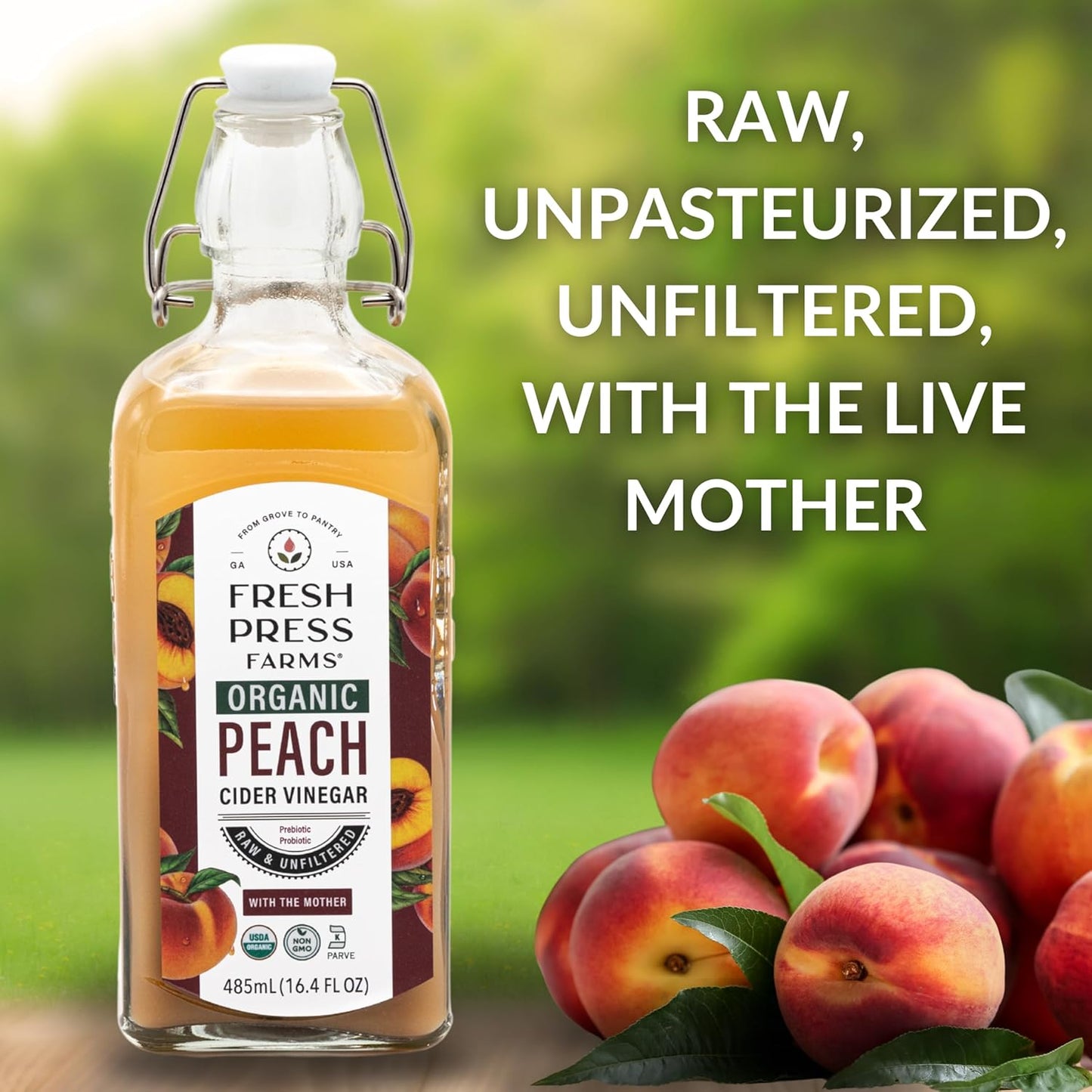 Fresh Press Farms Organic Peach Cider Vinegar with the Mother – 16.4 oz, 2-Pack