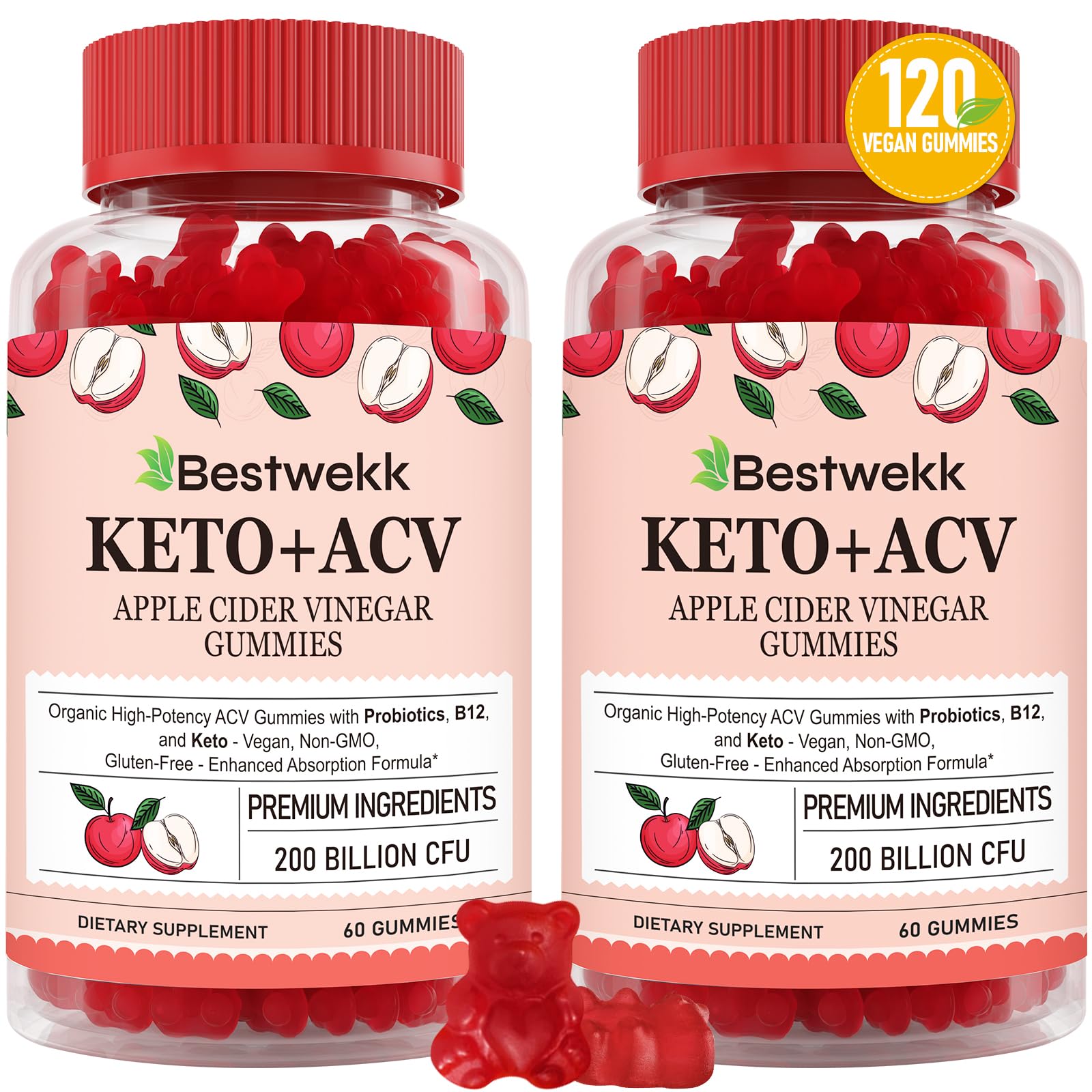Bestwekk Maximum-Strength Apple Cider Vinegar Gummies with Probiotics & B12 – 2,000 mg, 120 Count - MEALTONES