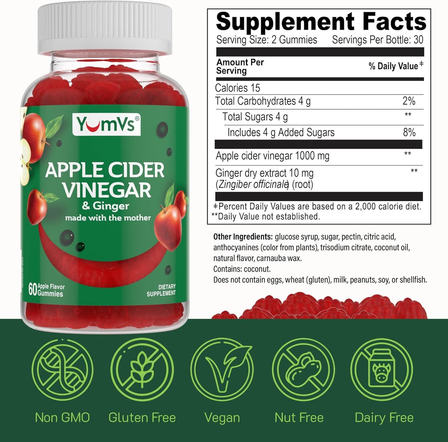 Yum-V’s Apple Cider Vinegar Gummies with Ginger & the Mother – 60 Count