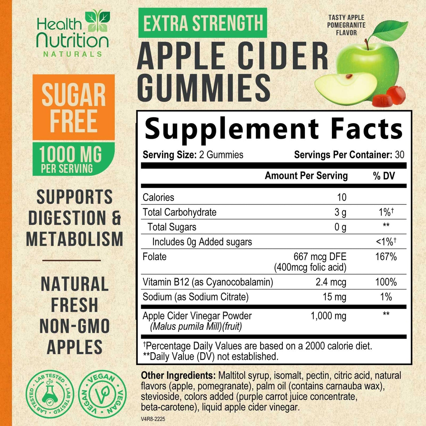 Health Nutrition Zero-Sugar Apple Cider Vinegar Gummies with the Mother & Vitamin B12