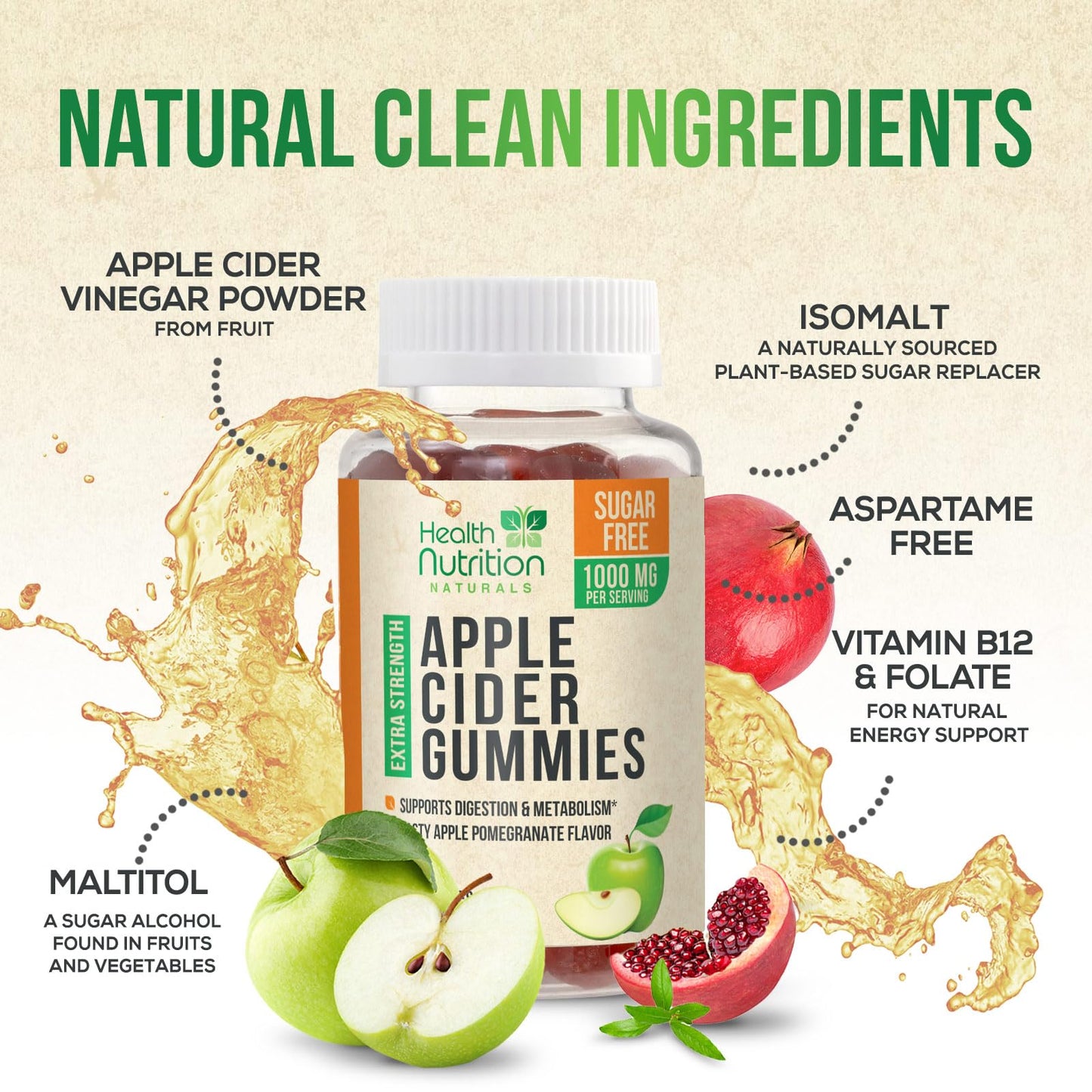 Health Nutrition Zero-Sugar Apple Cider Vinegar Gummies with the Mother & Vitamin B12