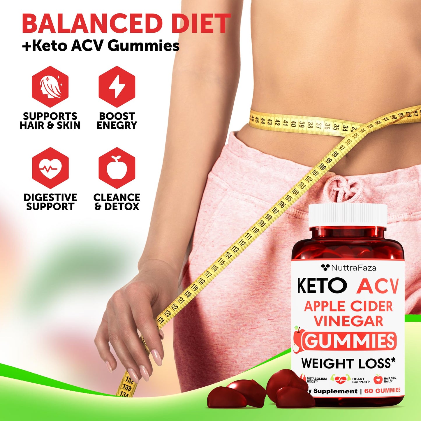 NuttraFlair Keto Apple Cider Vinegar Gummies – Sugar-Free, 1,000 mg, 60 Count - MEALTONES