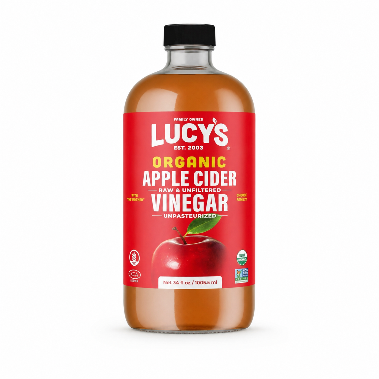 Lucy’s Organic Raw Apple Cider Vinegar with the Mother – Unfiltered, Non-GMO, 34 oz Glass Bottle