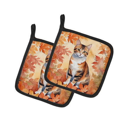 Korean Bobtail Cat in Fall Leaves Pot Holders - Set of 2 Decorative Kitchen Helpers | Made in the USA