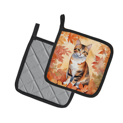 Korean Bobtail Cat in Fall Leaves Pot Holders - Set of 2 Decorative Kitchen Helpers | Made in the USA