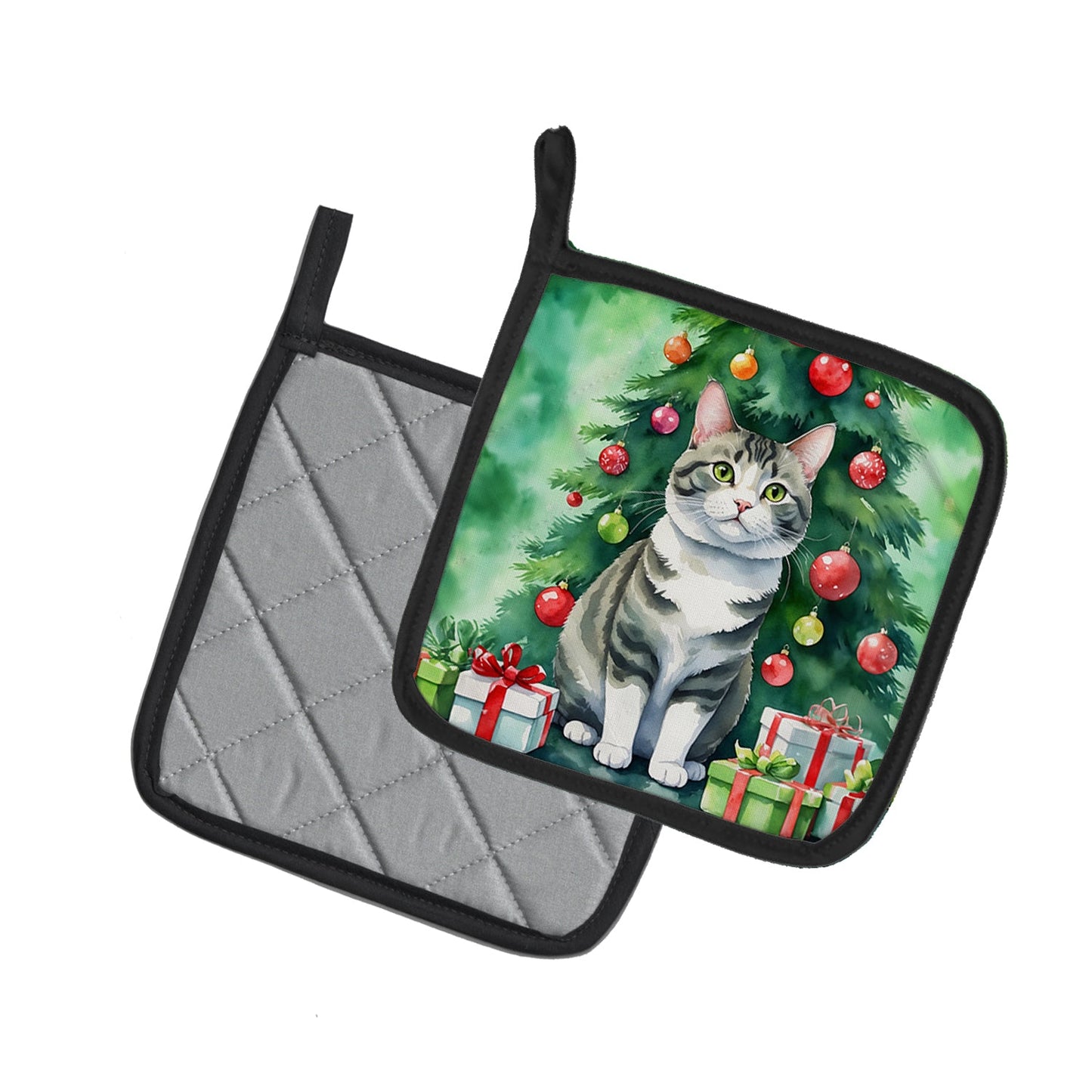 Korean Bobtail Cat By the Christmas Tree Pot Holders - Set of 2 Decorative Kitchen Helpers | Made in the USA