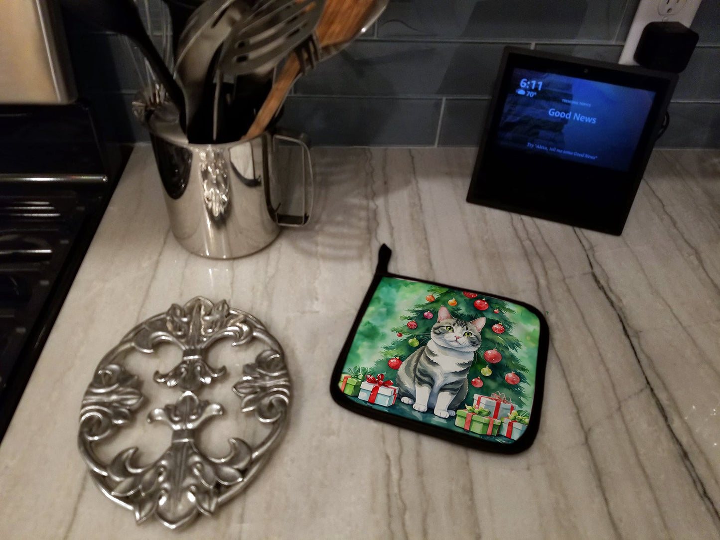 Korean Bobtail Cat By the Christmas Tree Pot Holders - Set of 2 Decorative Kitchen Helpers | Made in the USA