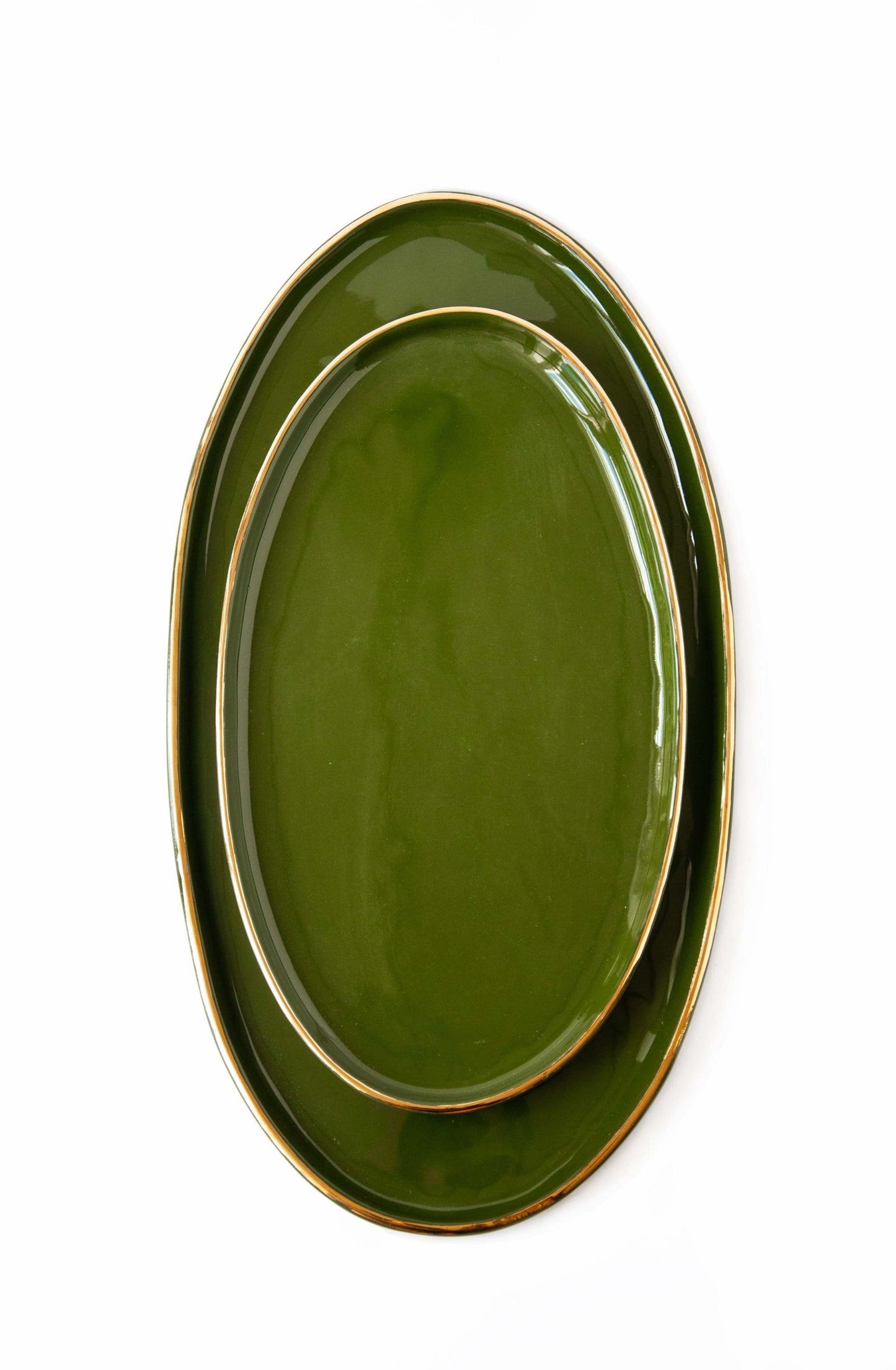 Porcelain Oval Serving Platter with Gold Rim. Green